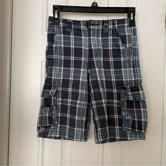 Boys blue plaid cargo shorts with adjustable waistband - Picture 1 of 3